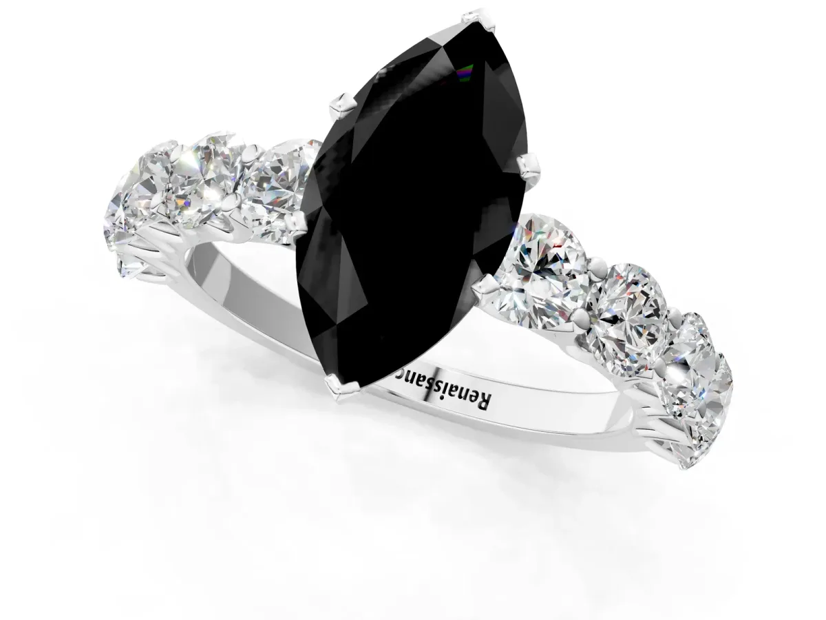 Fancy Black Marquise Cut Diamond Prong Setting with Side Stones on a Pave Band Silver