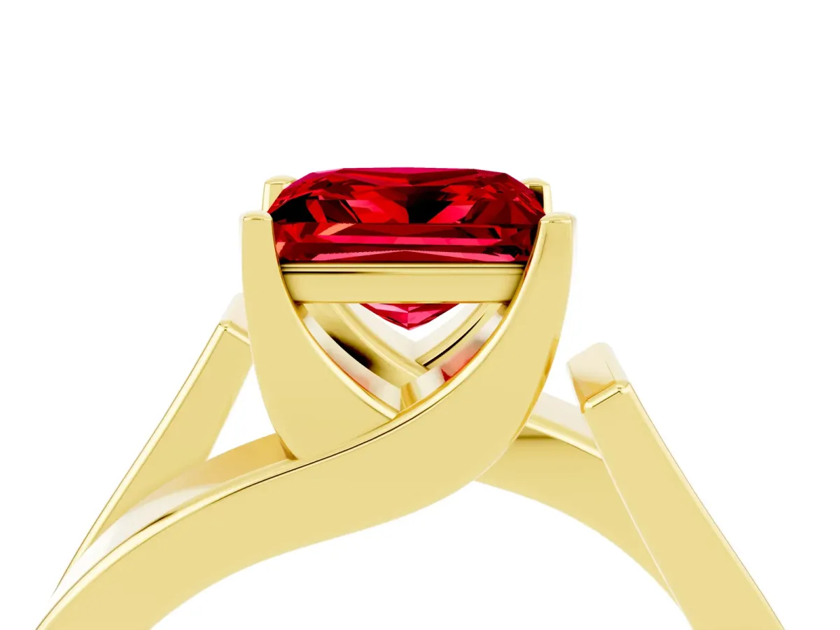 Modern Tension Set Princess Cut Ruby Solitaire Wide Band Ring Yellow gold