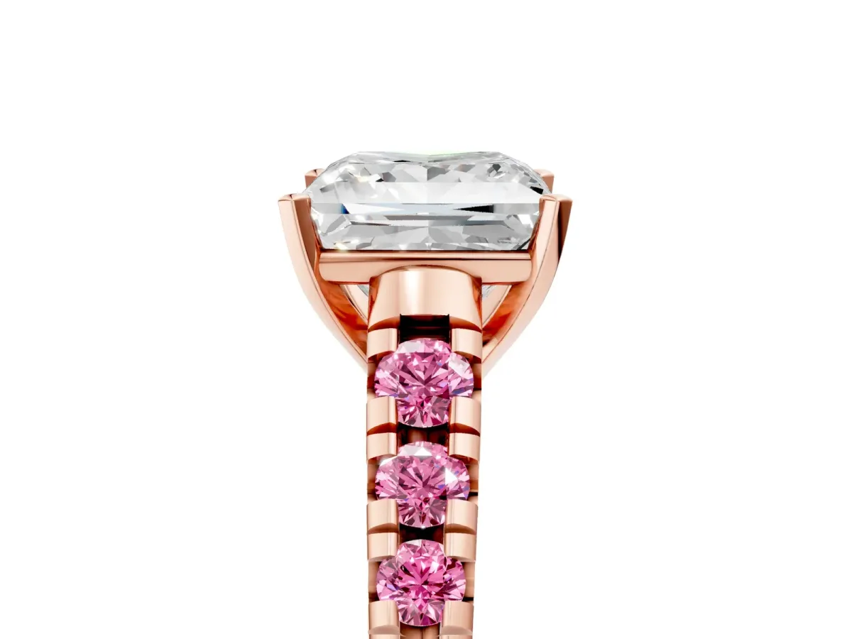 Princess Cut Diamond Cathedral Solitaire Ring with Round Pink Sapphire Pavé Band Rose gold