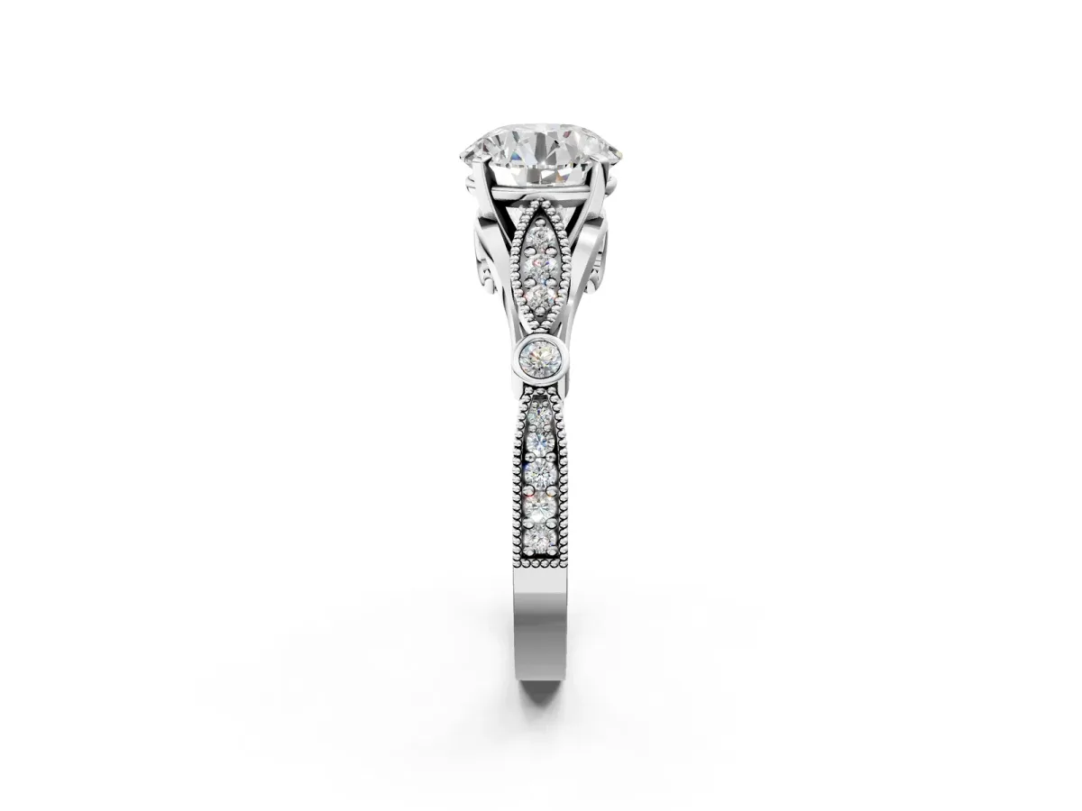 Round Cut Cut Diamond with Milgrain Marquise and Bezel Accents on a Solitaire Band with Prong Setting Silver