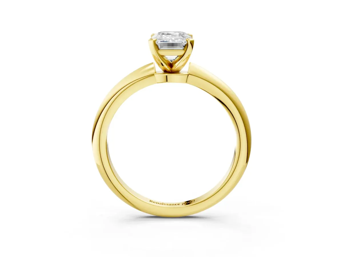 Emerald Cut Diamond Solitaire Ring with Six-Prong Setting and Classic Band Yellow gold