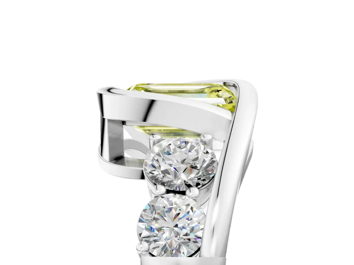 Fancy Yellow Bezel Set Emerald Cut Diamond Bypass Ring with Round Accents Platinum