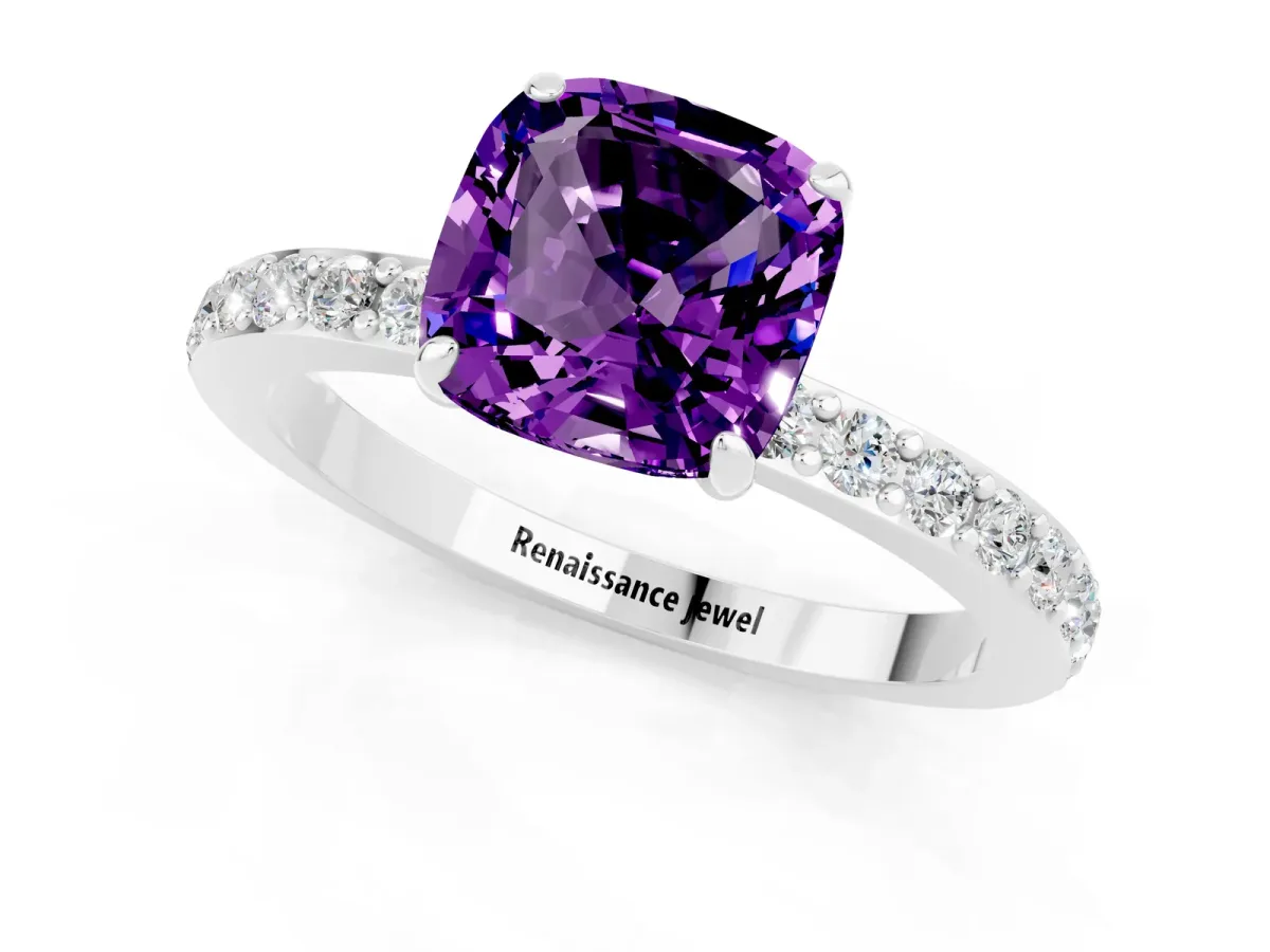 Cushion Cut Amethyst Solitaire Engagement Ring with Pavé Band and Four-Prong Setting Silver