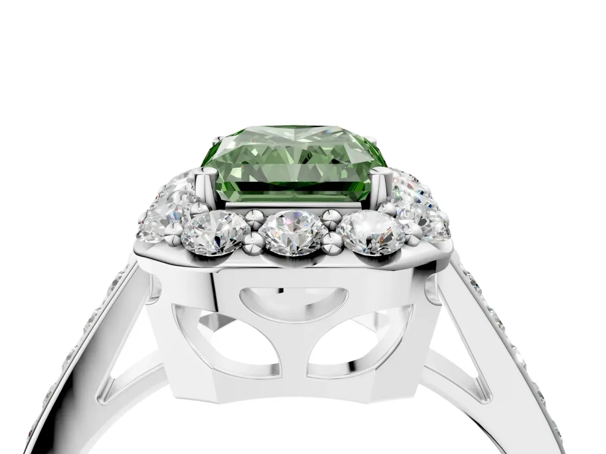 Fancy Green Radiant Cut Diamond Floral Halo Ring with Pavé Band and Prong Setting Platinum