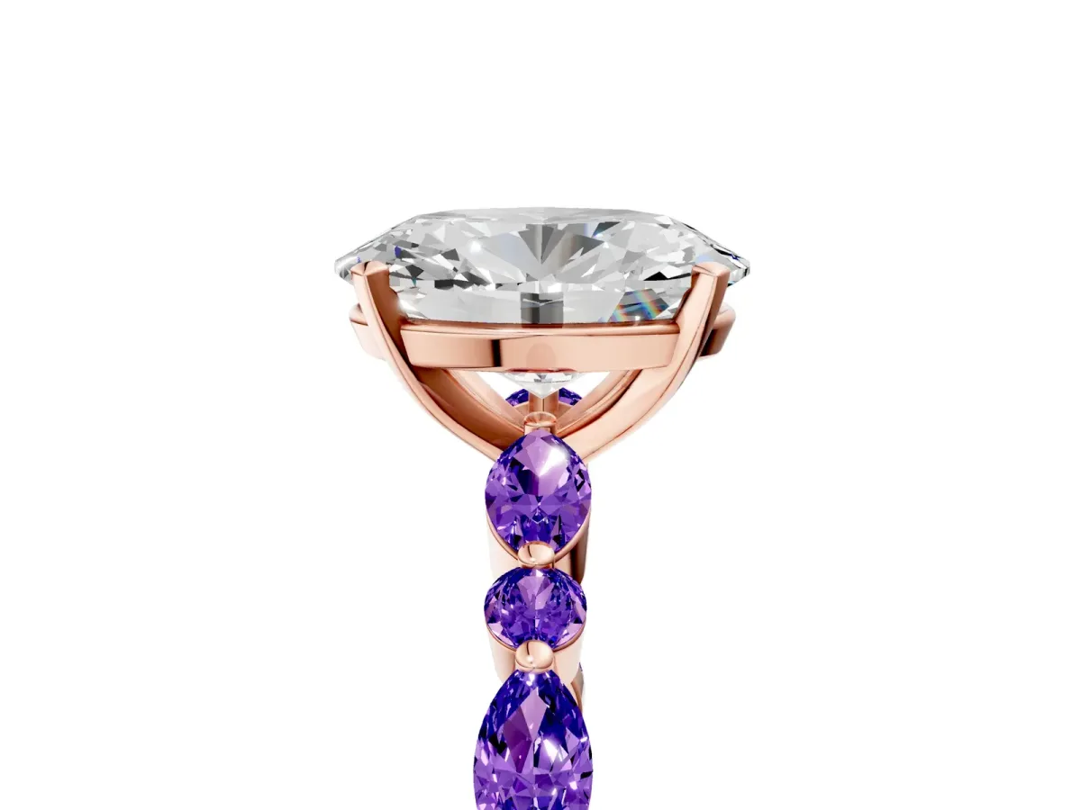 Oval Cut Diamond Ring with Marquise and Round Tanzanite Side Stones and Four-Prong Setting Rose gold