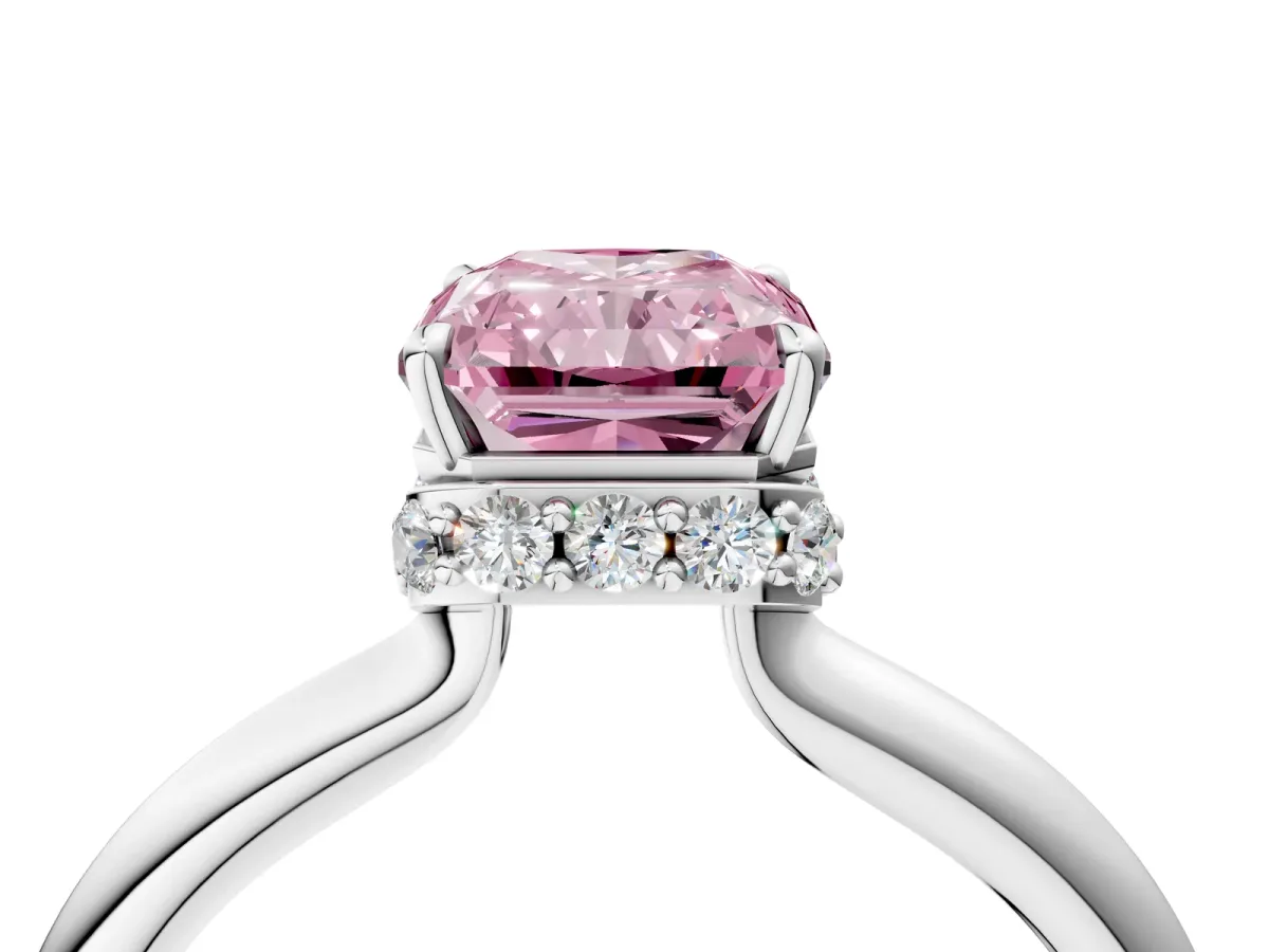 Fancy Pink Radiant Cut Brilliant Solitaire Engagement Ring with Six-Prong Setting and Classic Band Platinum