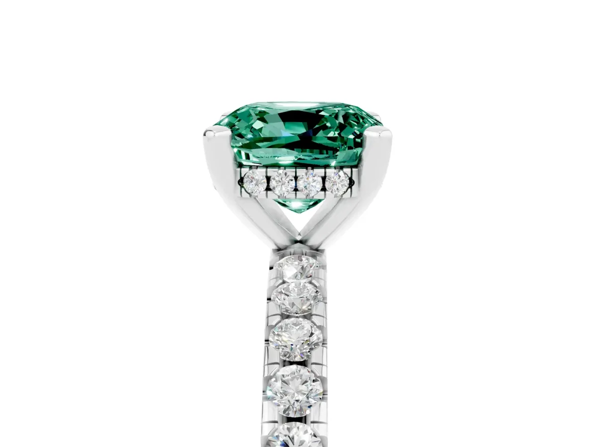 Cushion Cut Green Sapphire Solitaire Ring with Round Pavé Band and Four-Prong Setting White gold