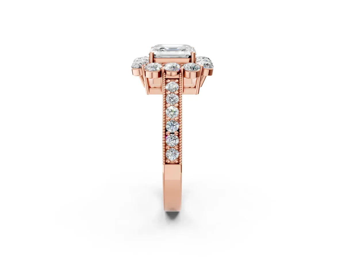 Asscher Cut Cut Halo Diamond Pavé Engagement Ring with Milgrain Detailing Rose gold