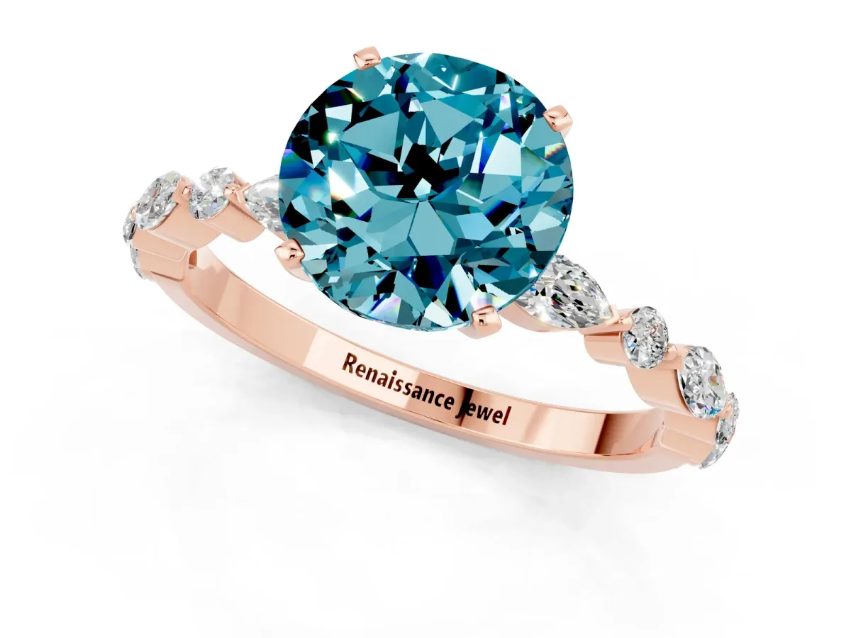 Round Cut Blue Topaz Ring with Marquise and Round Side Stones and Four-Prong Setting Rose gold