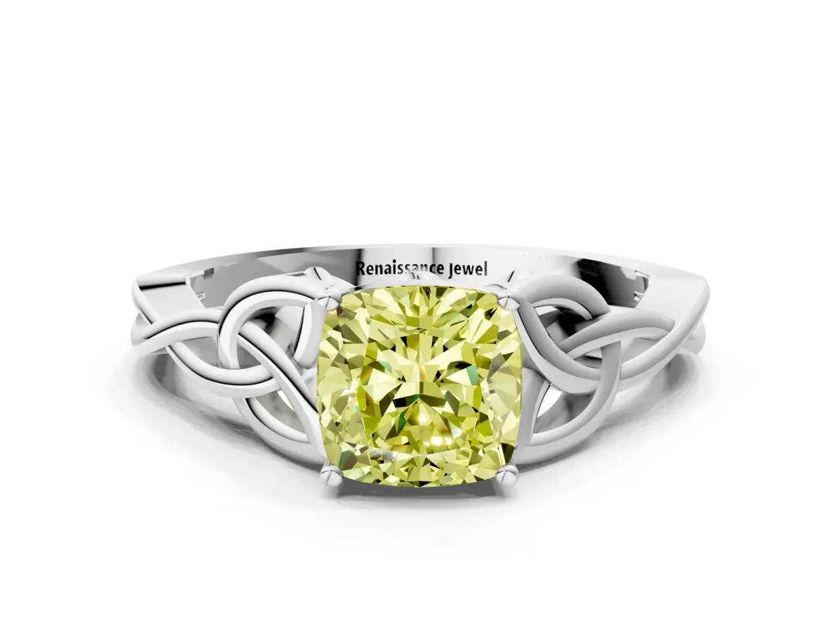 Fancy Yellow Cushion Cut Diamond Solitaire Engagement Ring with Celtic Knot Band and Four-Prong Setting White gold