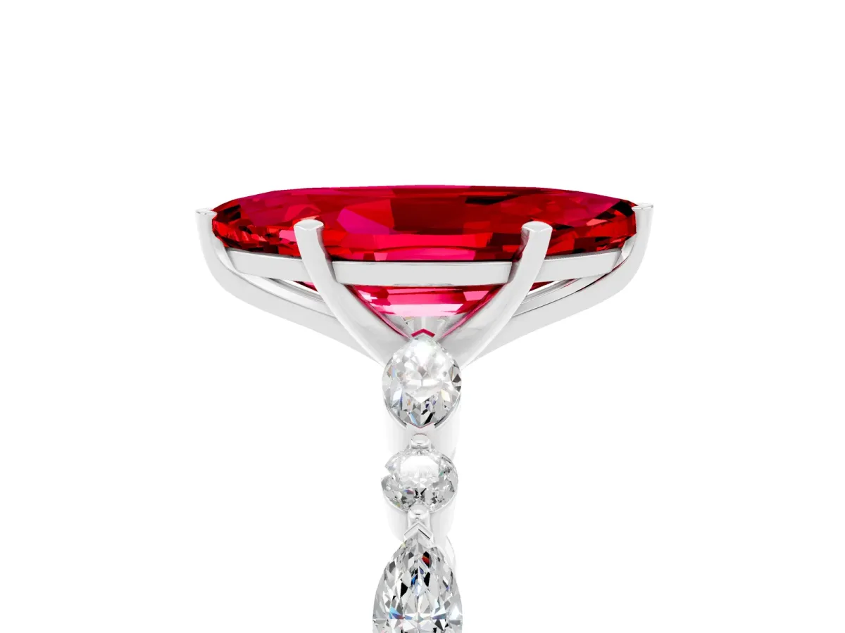 Marquise Cut Ruby Ring with Marquise and Round Side Stones and Four-Prong Setting White gold