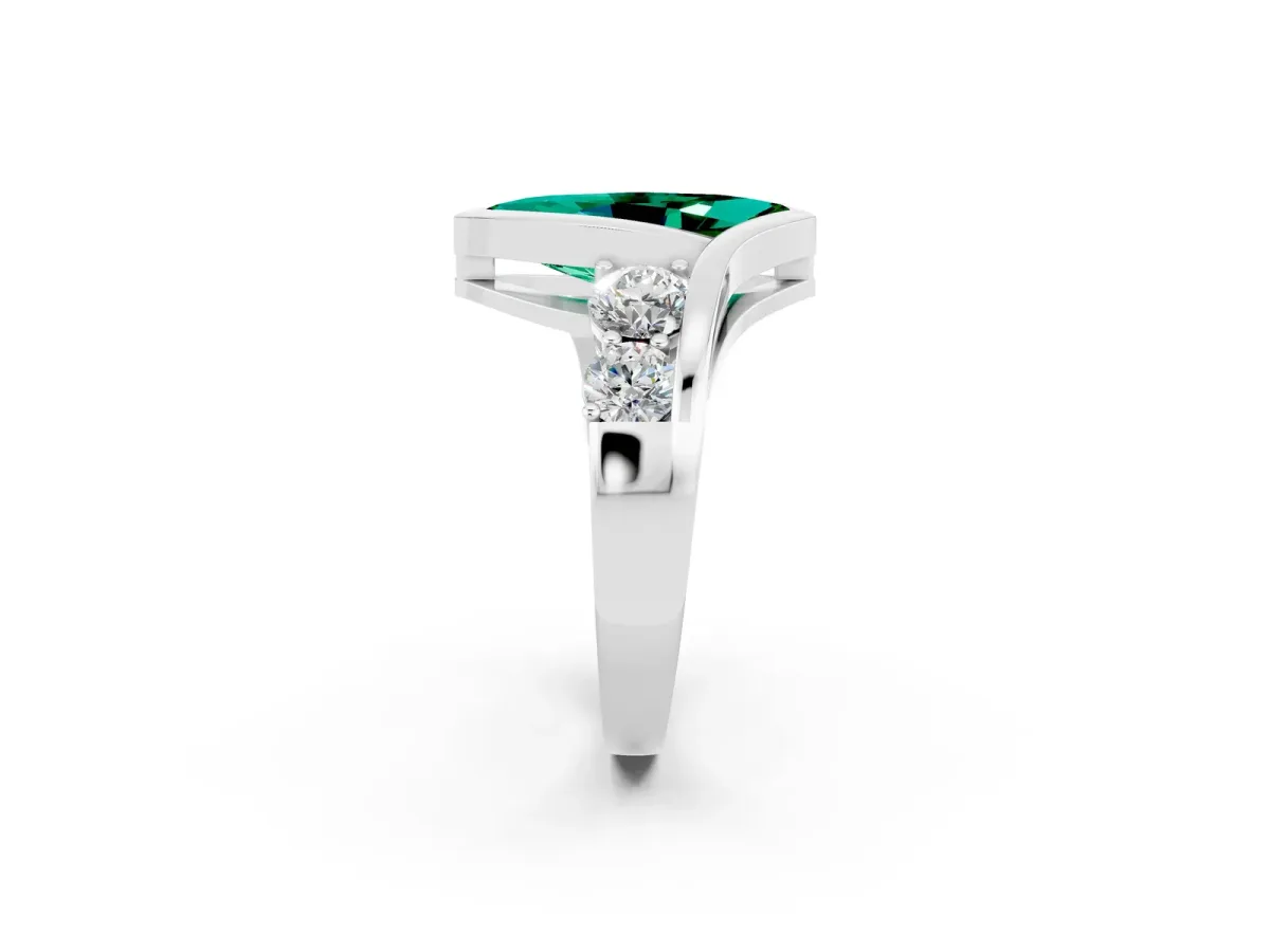 Bezel Set Marquise Cut Emerald Bypass Ring with Round Accents Silver