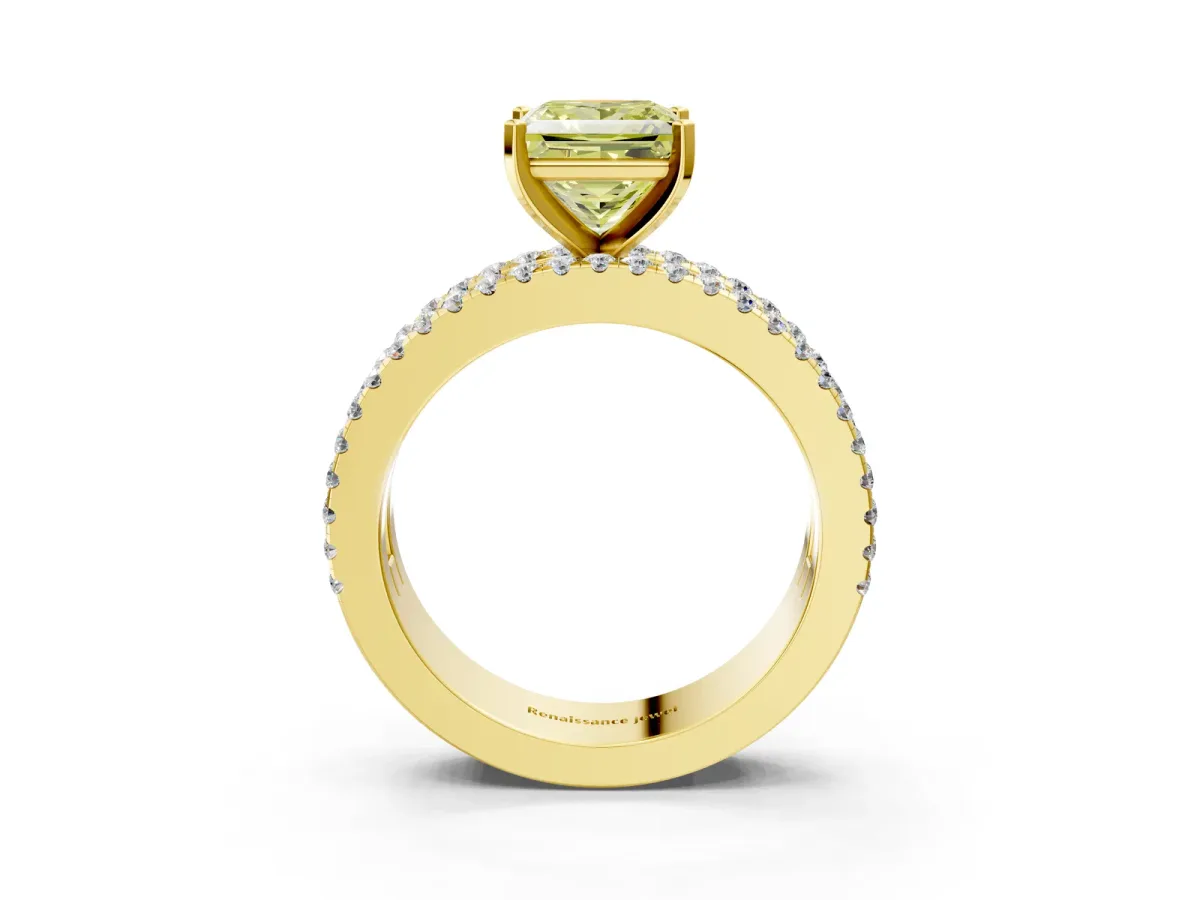 Fancy Yellow Princess Cut Diamond Solitaire Ring with Pavé and Channel Set Band Yellow gold