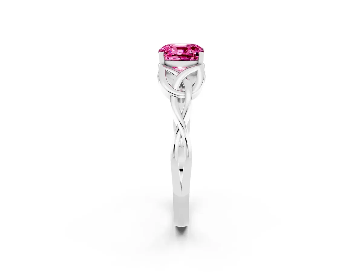 Cushion Cut Pink Sapphire Solitaire Engagement Ring with Celtic Knot Band and Four-Prong Setting White gold