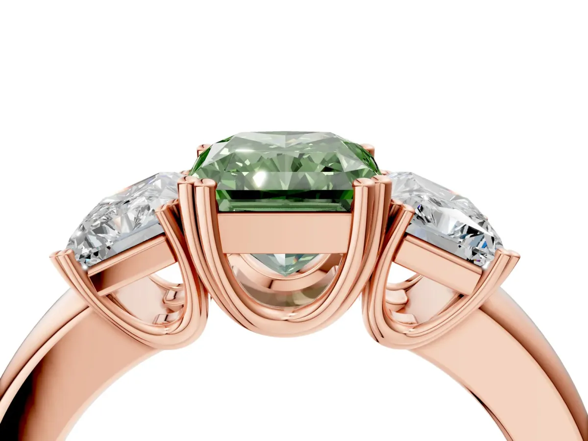 Fancy Green Three-Stone Radiant Cut Cut Diamond Ring with Channel Set Band and Four-Prong Setting Rose gold