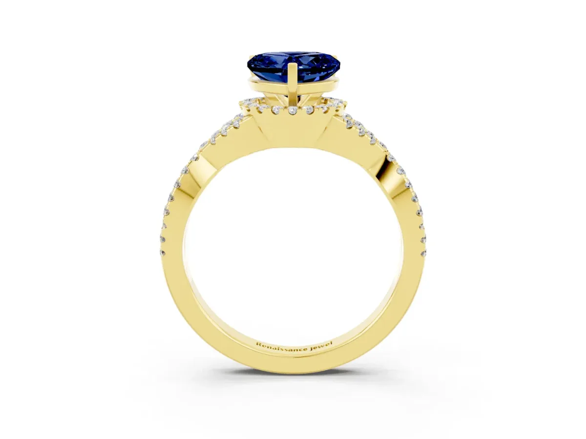 Heart Cut Blue Sapphire Halo Twist Band Solitaire Prong Setting Ring Yellow gold