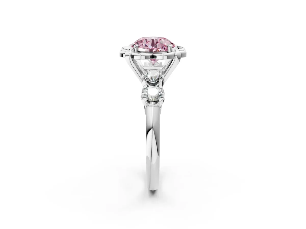 Fancy Pink Round Cut Cut Diamond Floral Halo Engagement Ring with Shared Prong Setting Silver
