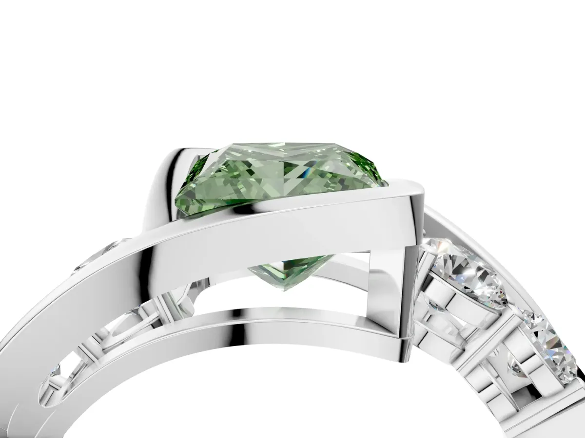 Fancy Green Bezel Set Princess Cut Diamond Bypass Ring with Round Accents Silver