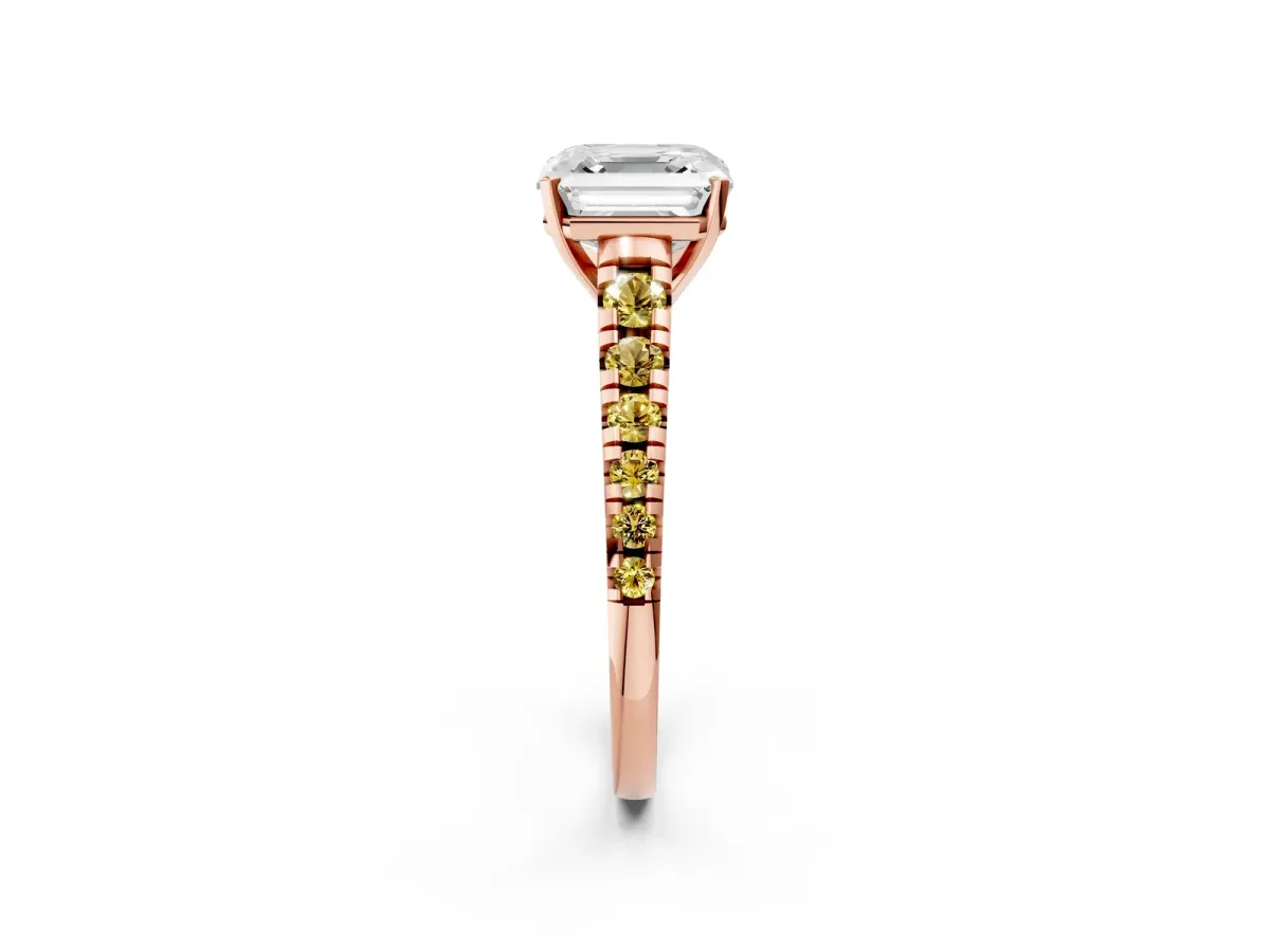 Asscher Cut Diamond Cathedral Solitaire Ring with Round Yellow Sapphire Pavé Band Rose gold
