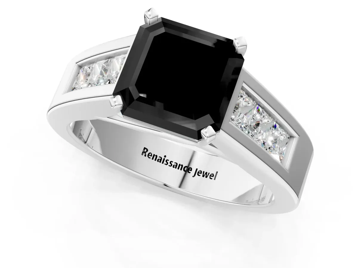 Fancy Black Asscher Cut Cut Channel Set Solitaire Ring with Four-Prong Setting Platinum
