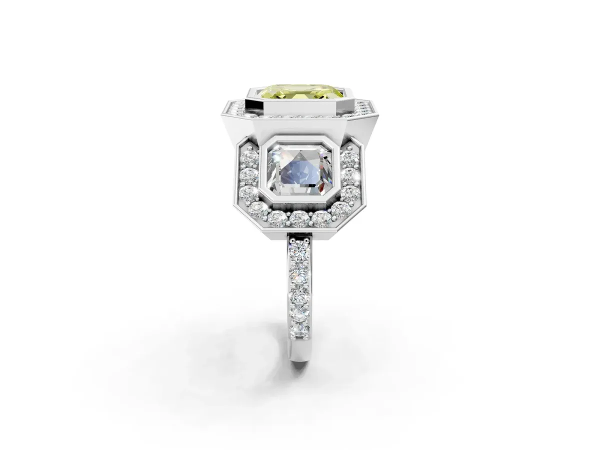 Fancy Yellow Three-Stone Asscher Cut Halo Pavé Diamond Ring Platinum