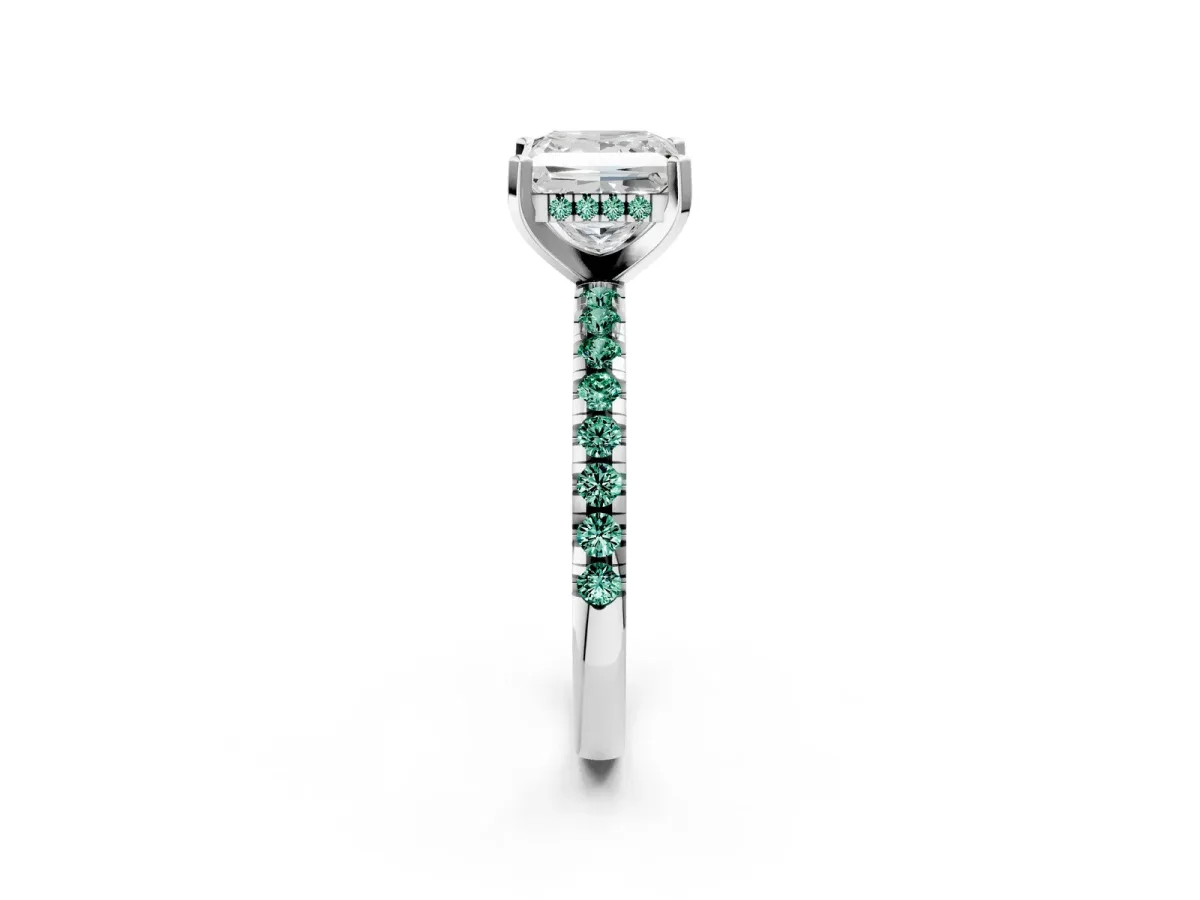 Princess Cut Diamond Solitaire Ring with Round Green Sapphire Pavé Band and Four-Prong Setting White gold
