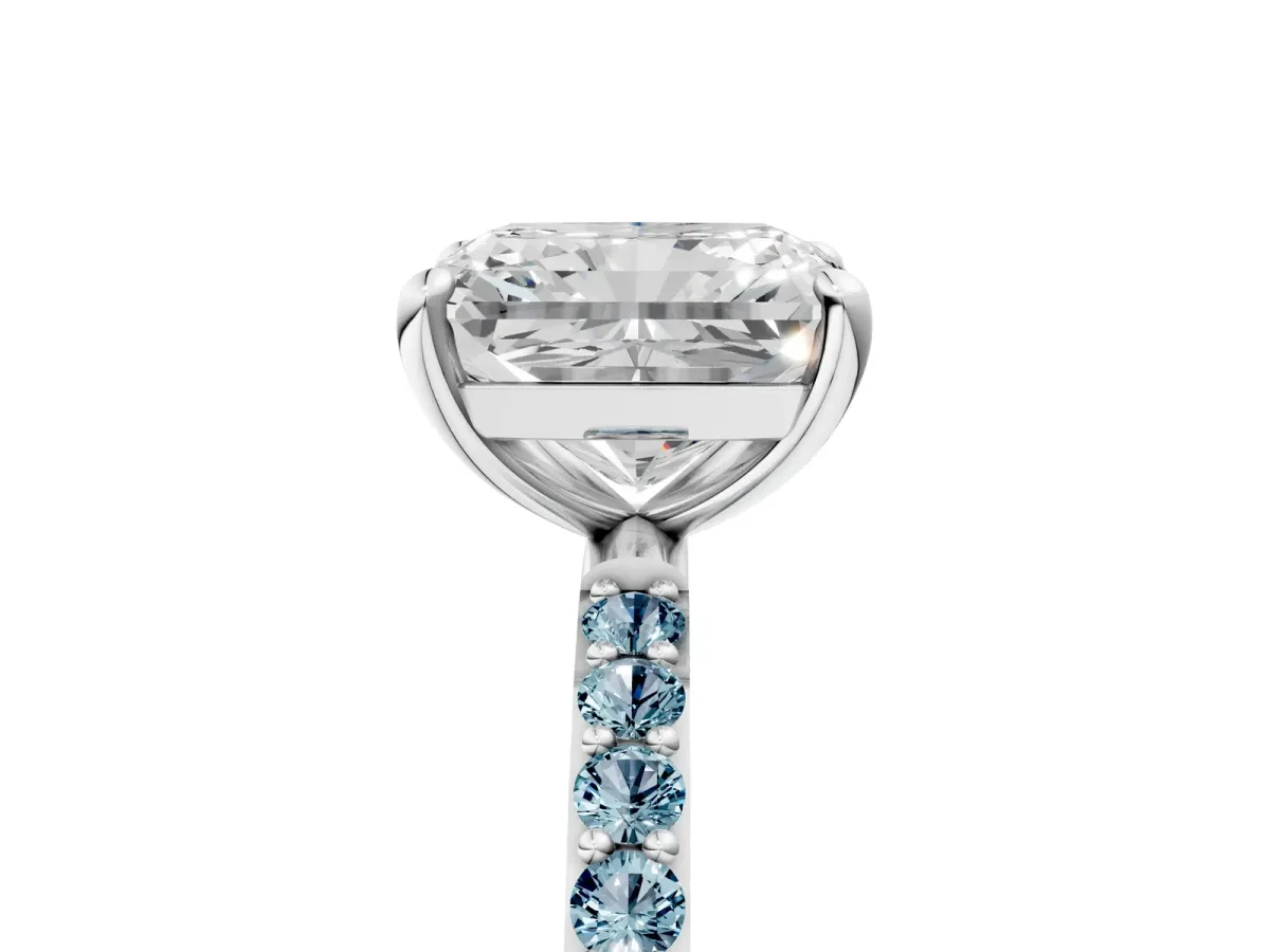 Radiant Cut Diamond Solitaire Ring with Round Aquamarine Pavé Band and Prong Setting White gold
