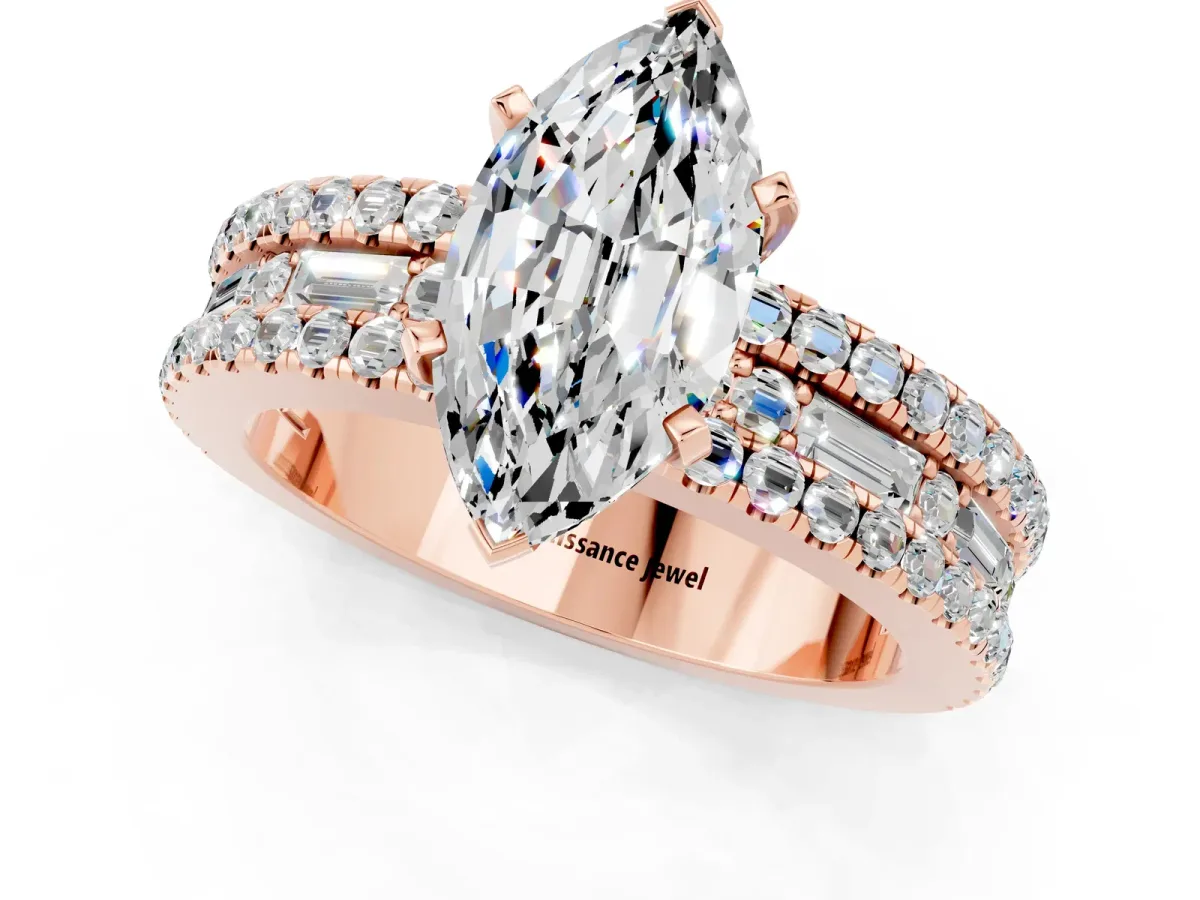 Marquise Cut Moissanite Solitaire Ring with Pavé and Channel Set Band Rose gold