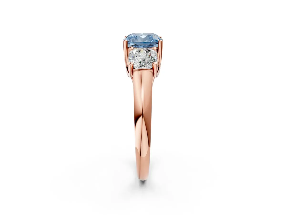 Fancy Blue Three-Stone Cushion Cut Diamond Engagement Ring with Prong Setting Rose gold
