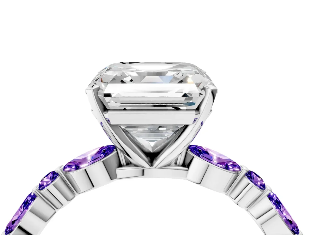 Asscher Cut Diamond Ring with Marquise and Round Tanzanite Side Stones and Four-Prong Setting White gold