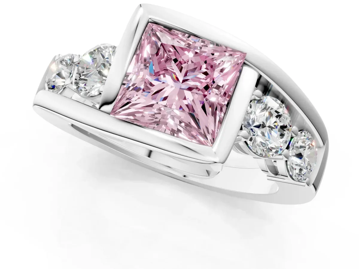 Fancy Pink Bezel Set Princess Cut Diamond Bypass Ring with Round Accents Silver