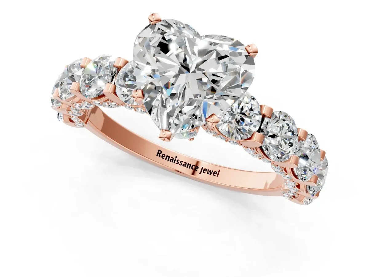 Heart Cut Diamond Side Stone Engagement Ring with Four-Prong Setting Rose gold