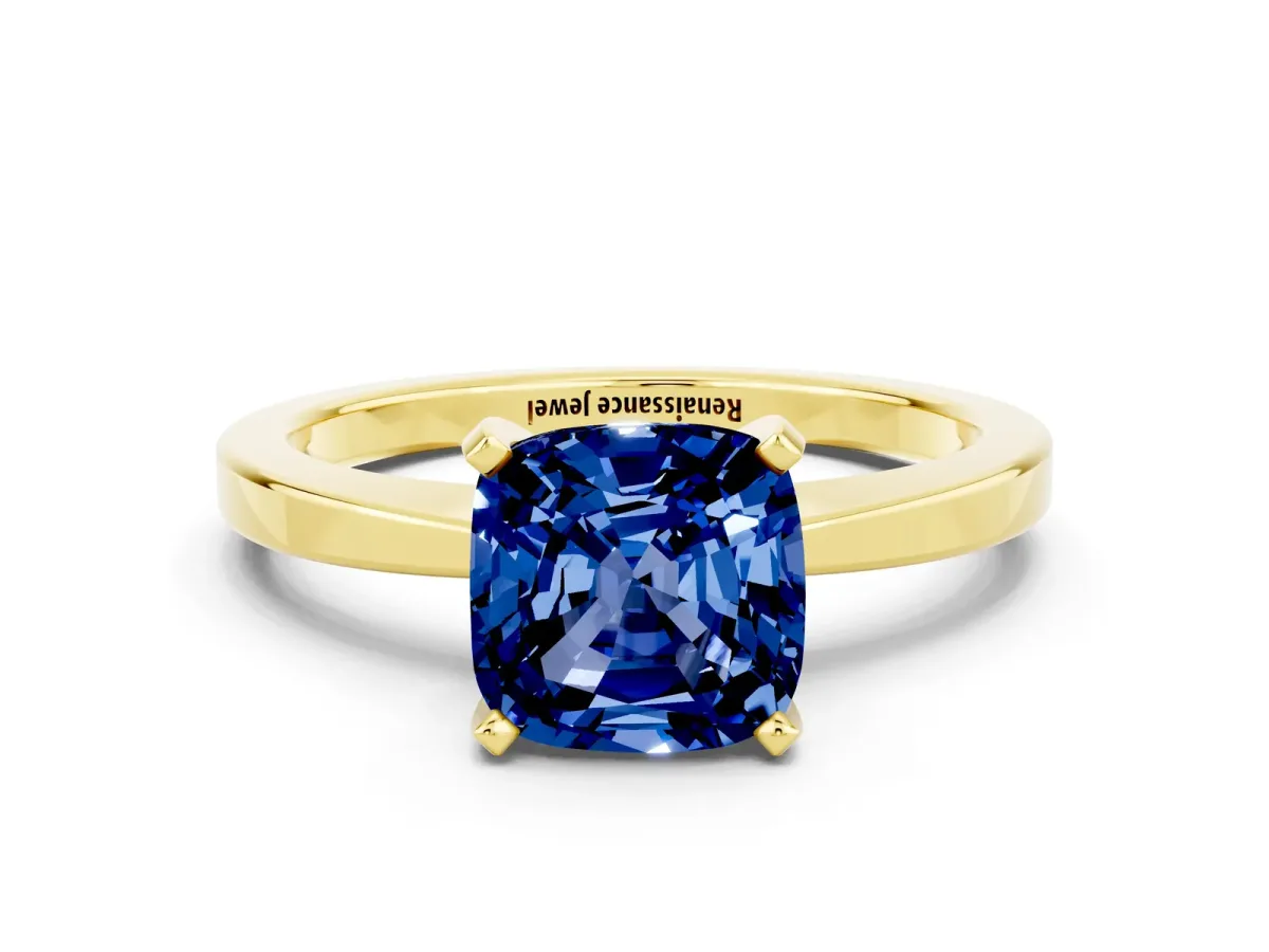 Cushion Cut Blue Sapphire Solitaire Engagement Ring with Classic Band and Four-Prong Setting Yellow gold