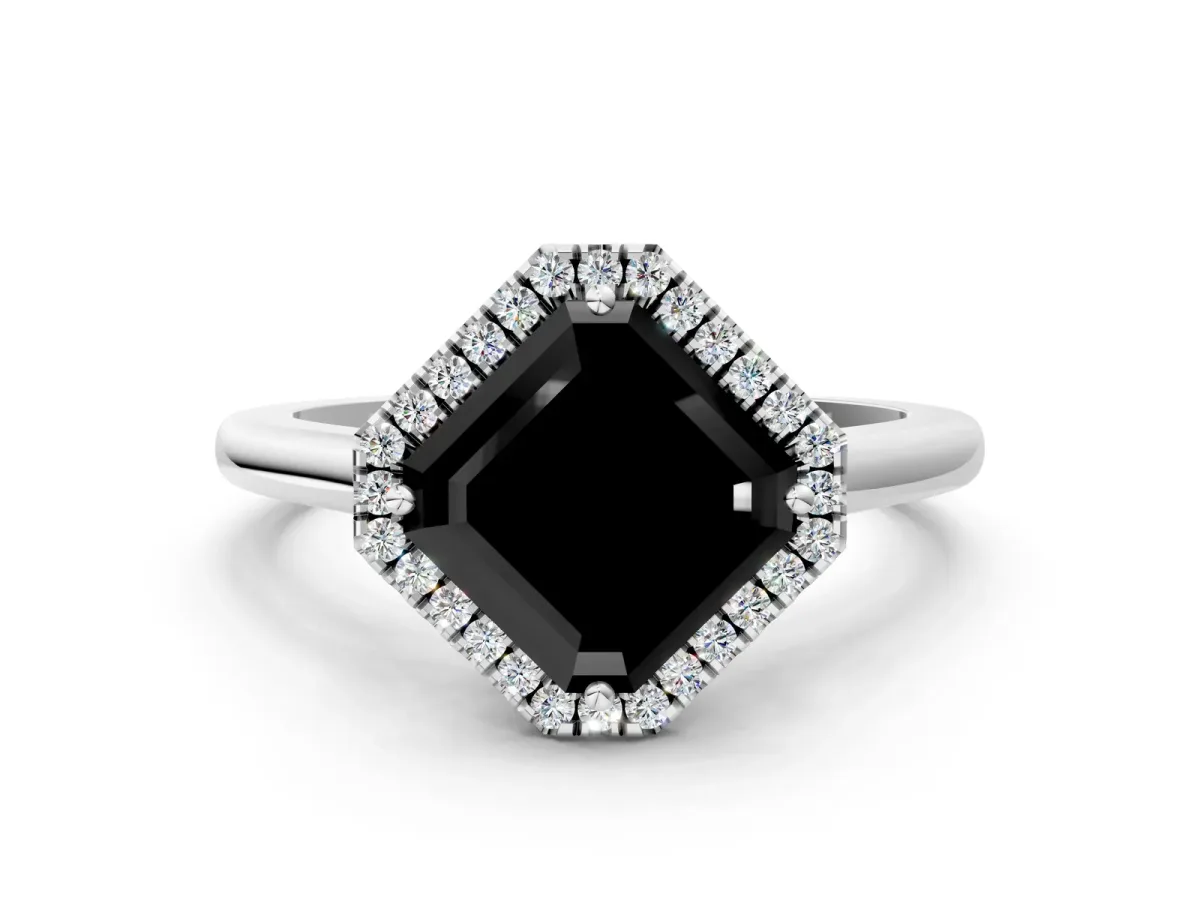 Fancy Black Asscher Cut Halo Round Diamond Solitaire Engagement Ring with Pave Band and Four-Prong Setting Platinum