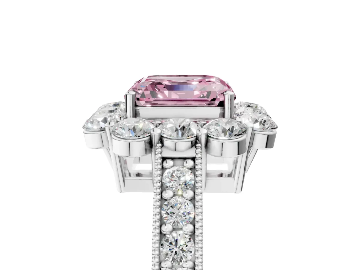 Fancy Pink Asscher Cut Cut Halo Diamond Pavé Engagement Ring with Milgrain Detailing Platinum