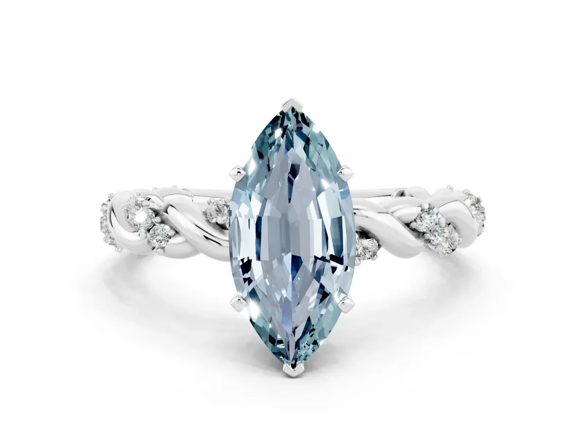 Marquise Cut Aquamarine Solitaire Ring with Twisted Band and Pavé Accents Platinum