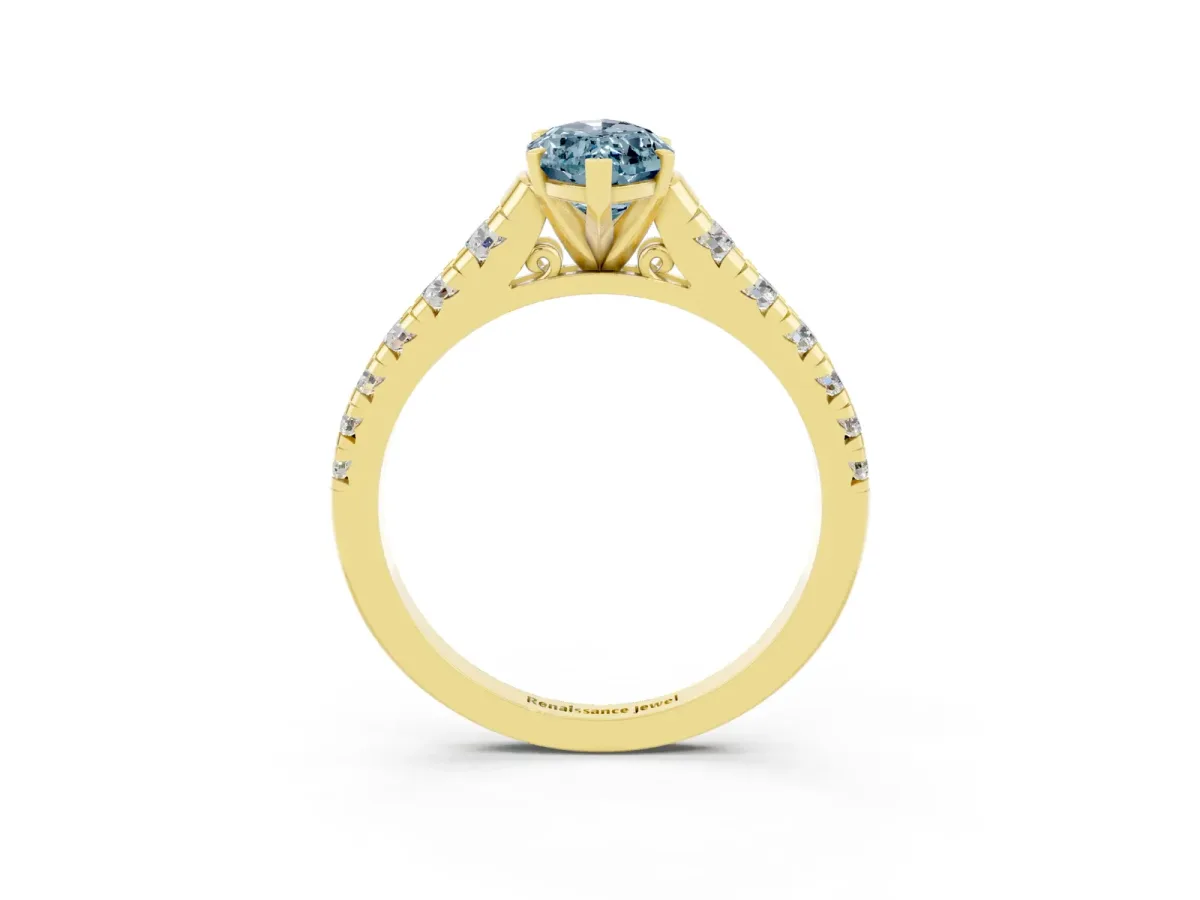 Marquise Cut Aquamarine Cathedral Solitaire Ring with Round Pavé Band Yellow gold