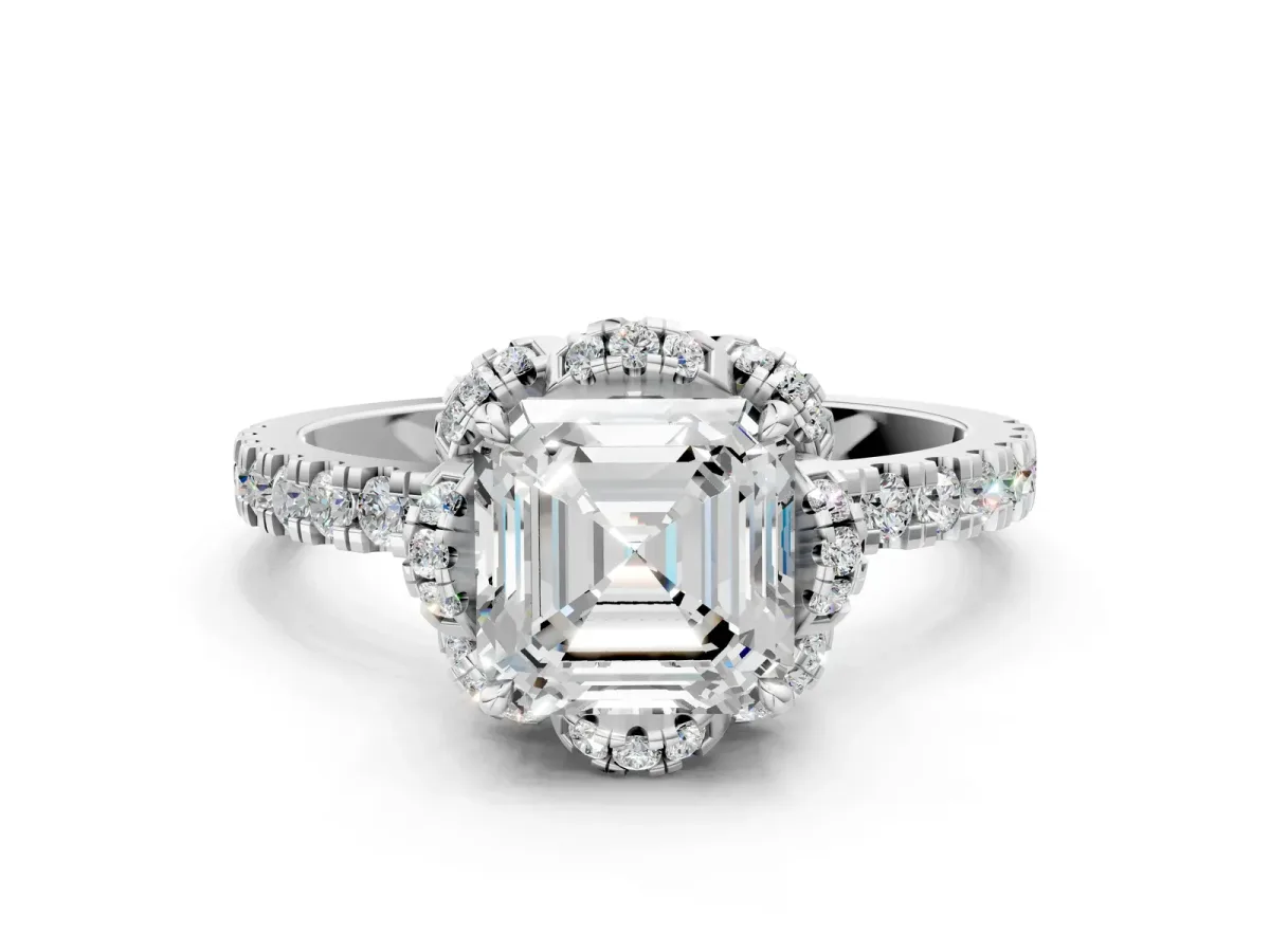 Asscher Cut Halo Diamond Pave Band Ring with Four-Prong Setting Platinum