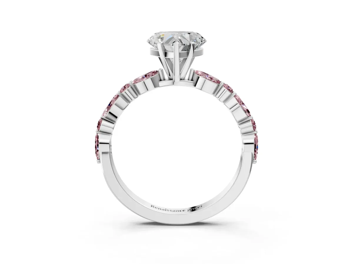 Heart Cut Diamond Ring with Marquise and Round Morganite Side Stones and Four-Prong Setting White gold