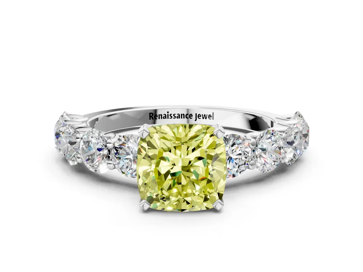 Fancy Yellow Cushion Cut Diamond Prong Setting with Side Stones on a Pave Band Silver
