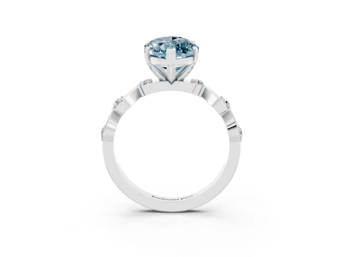 Marquise Cut Aquamarine Solitaire Twisted Band with Round Accents and Prong Setting Platinum