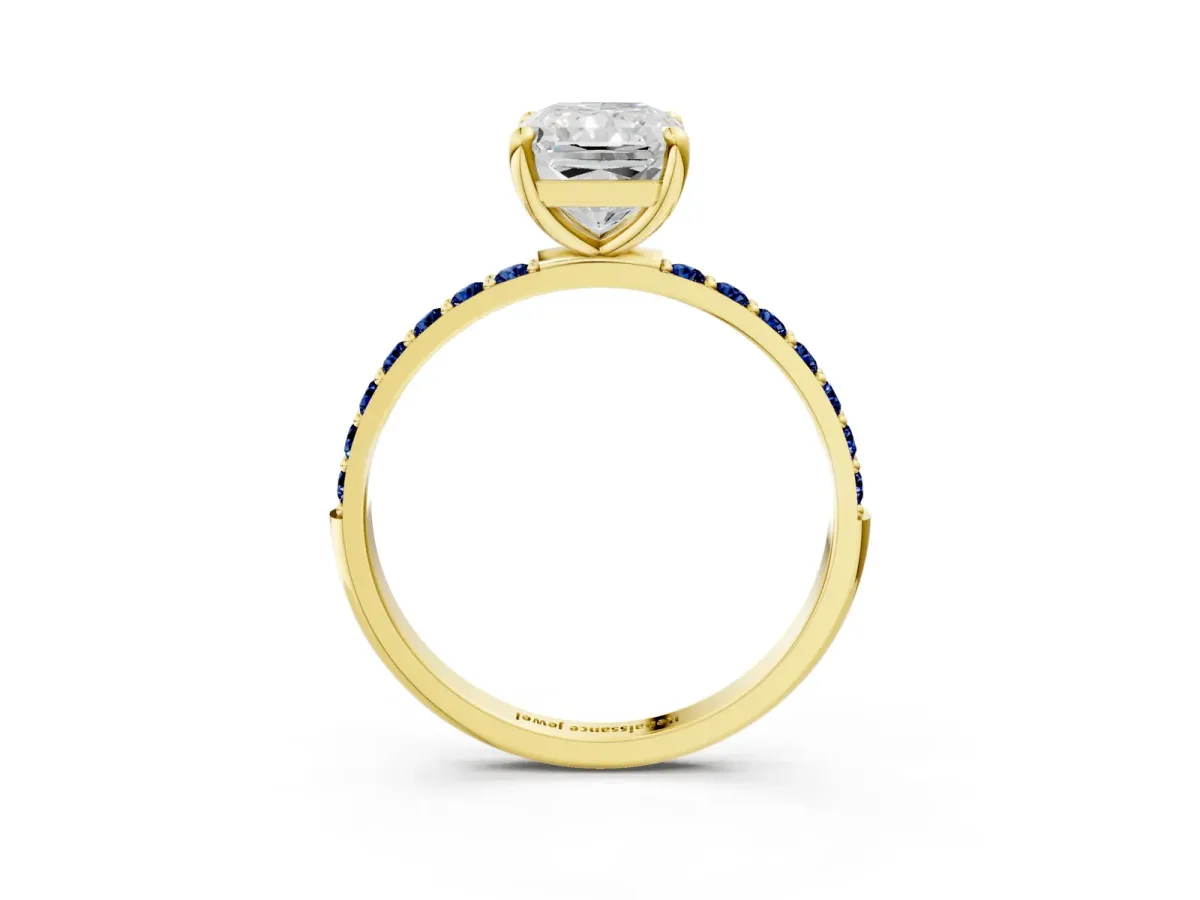 Radiant Cut Diamond Solitaire Ring with Round Blue Sapphire Pavé Band and Prong Setting Yellow gold