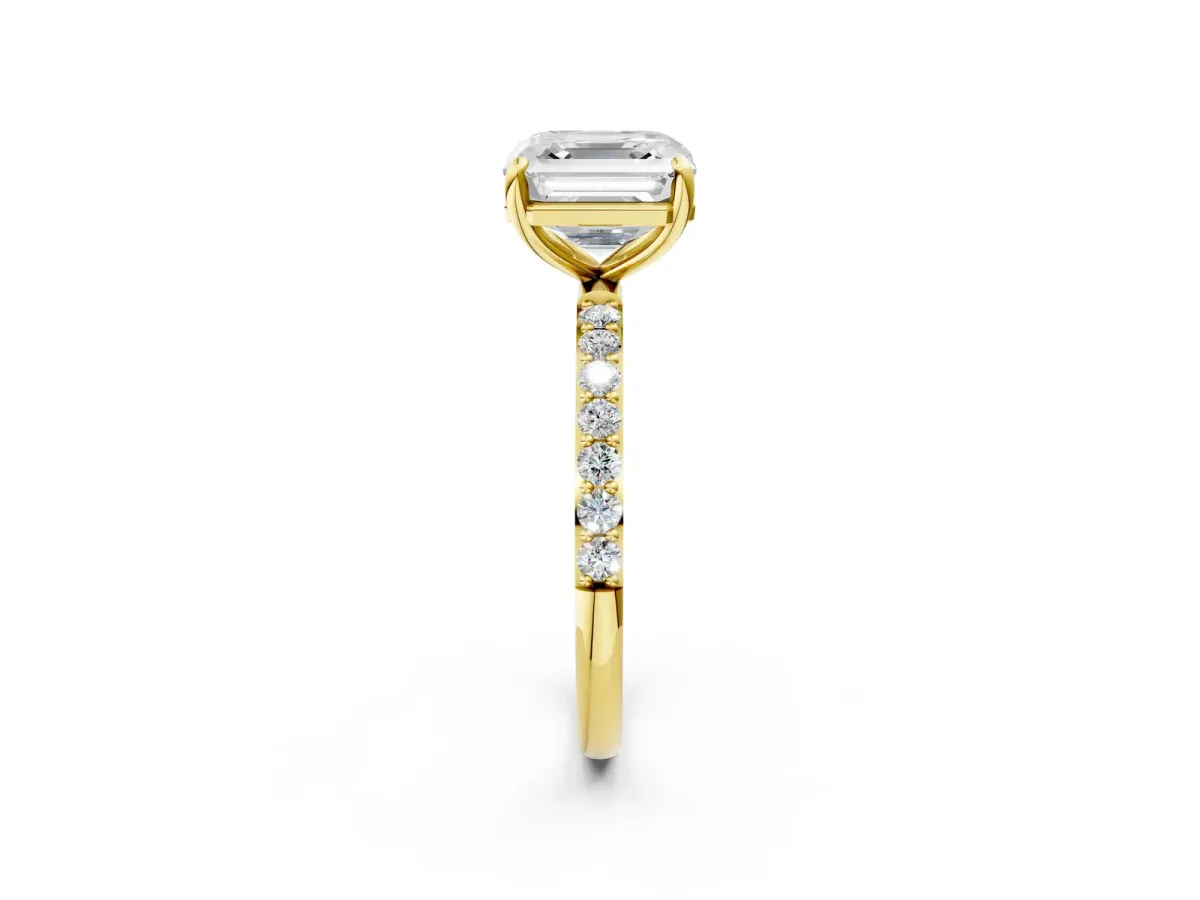 Asscher Cut Diamond Solitaire Ring with Round Moissanite Pavé Band and Prong Setting Yellow gold