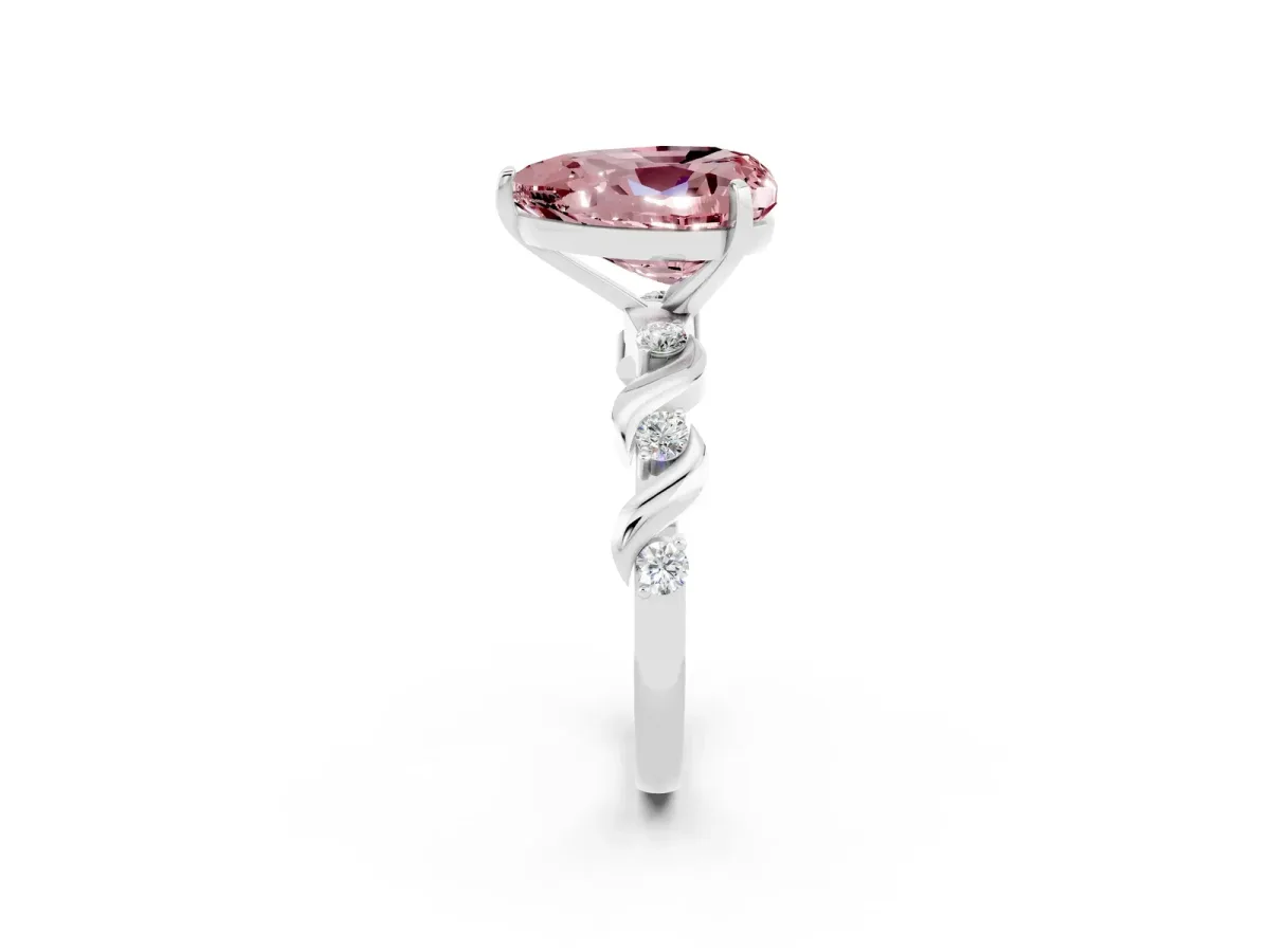 Heart Cut Morganite Solitaire Twisted Band with Round Accents and Prong Setting White gold