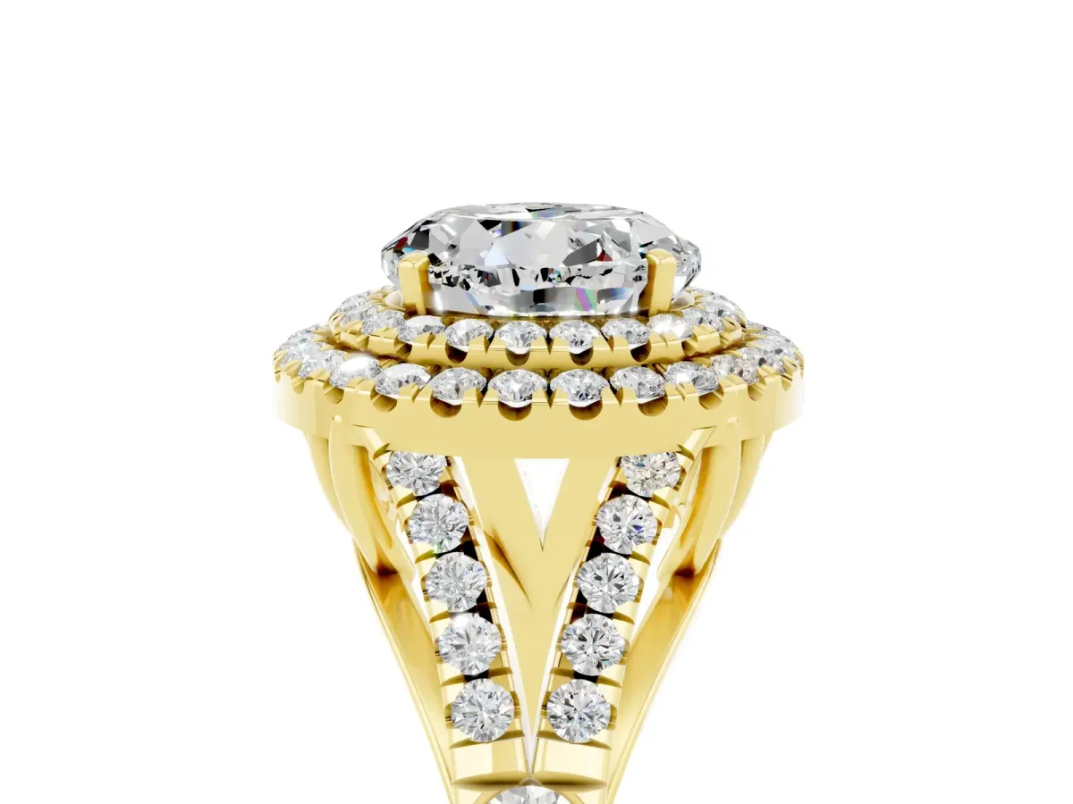 Round Cut Moissanite Double Halo Ring with Split Shank and Prong Setting Yellow gold