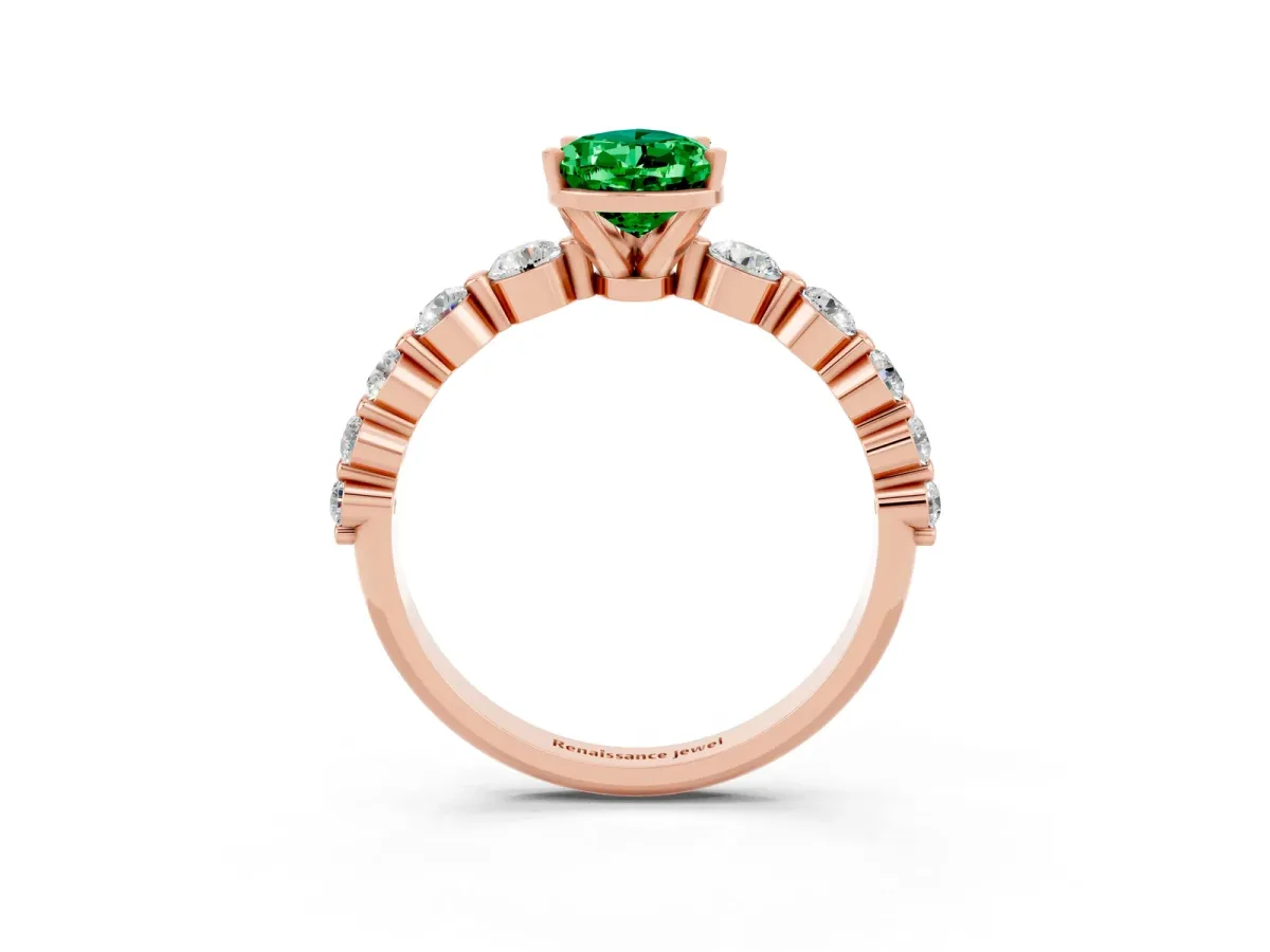 Pear Cut Solitaire Emerald Ring with Pave Band and Four-Prong Setting Rose gold