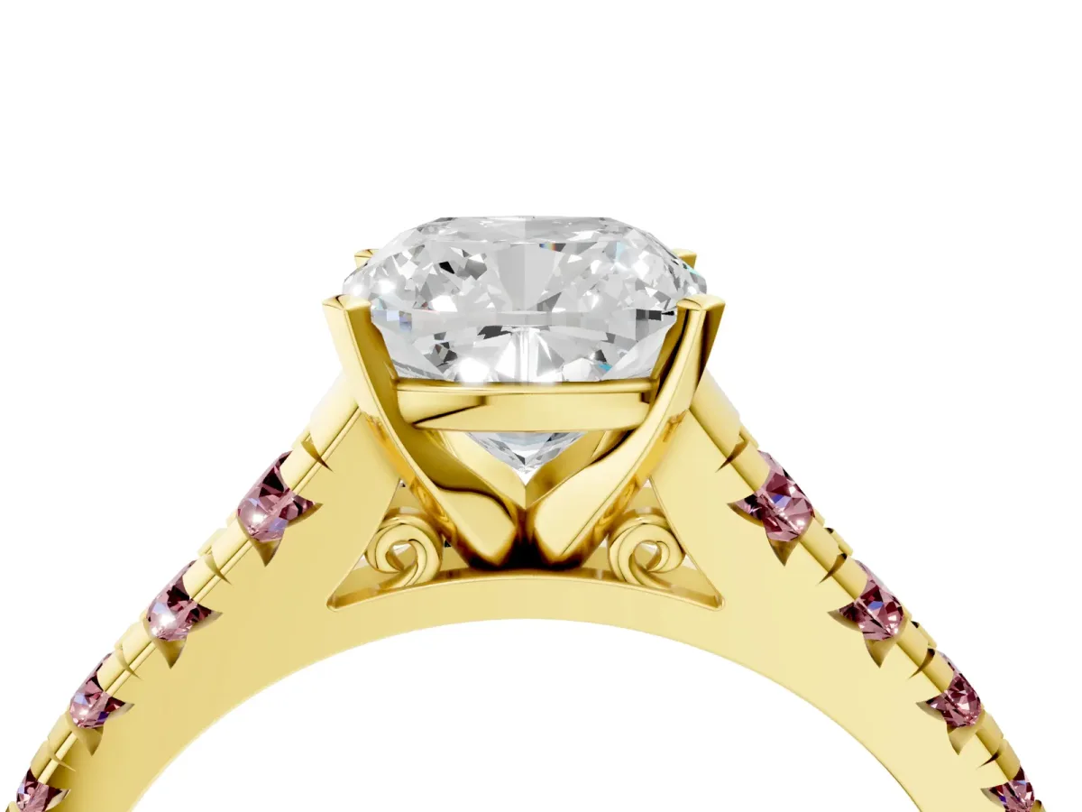 Cushion Cut Diamond Cathedral Solitaire Ring with Round Morganite Pavé Band Yellow gold