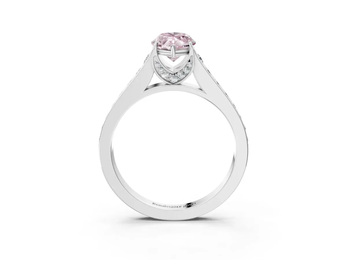 Fancy Pink Marquise Cut Brilliant Cut Diamond Engagement Ring with Pavé Band and Four-Prong Setting Platinum