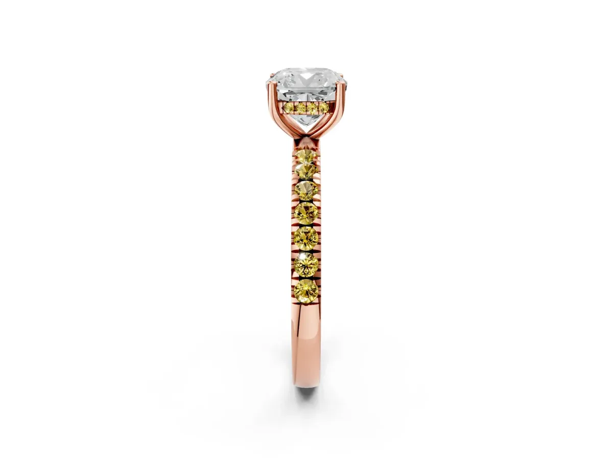 Cushion Cut Diamond Pave Band Solitaire Ring with Round Yellow Sapphire and Prong Setting Rose gold