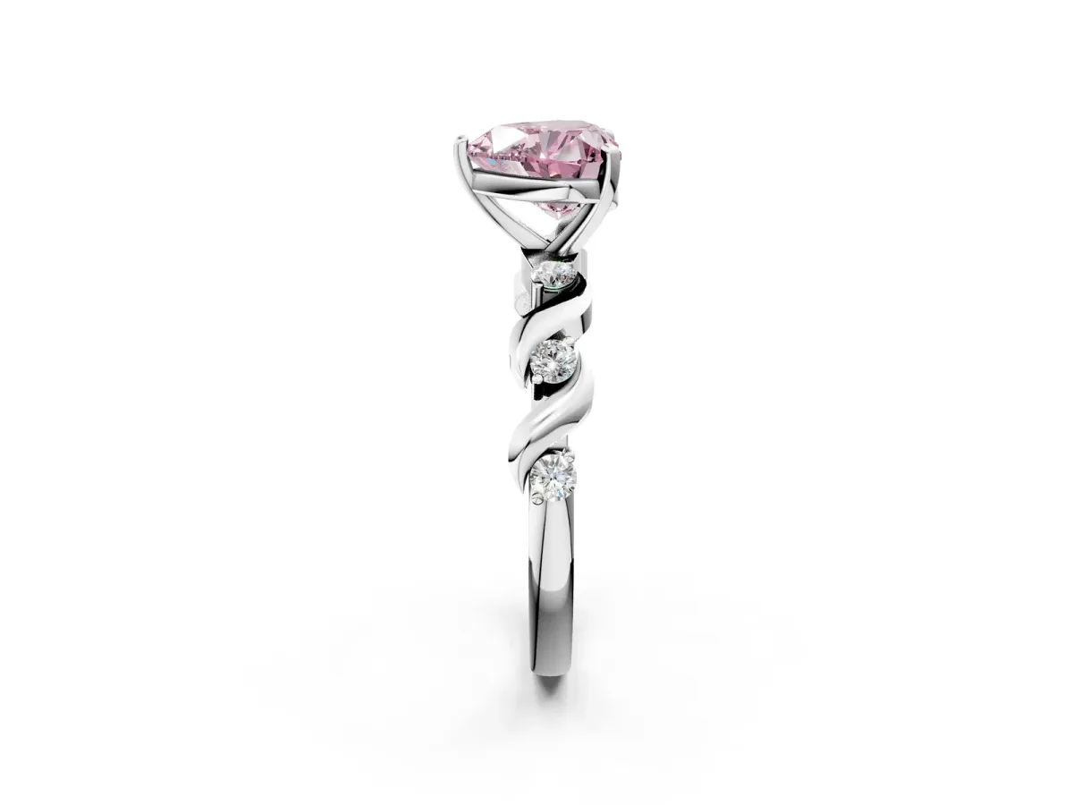 Fancy Pink Heart Cut Diamond Solitaire Twisted Band with Round Accents and Prong Setting White gold